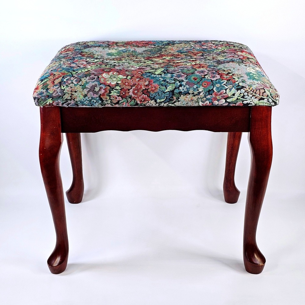 Vintage Passport Furniture Floral Tapestry Vanity Stool Queen Anne Cherry Legs